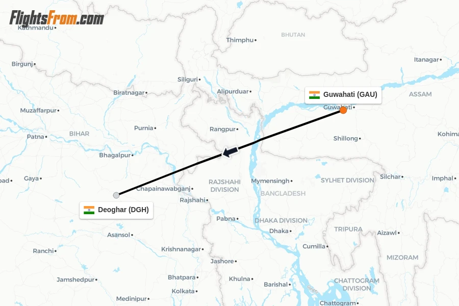 Flights from Guwahati to Deoghar route map