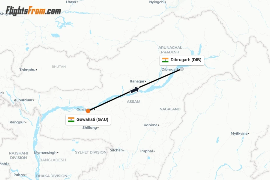 Flights from Guwahati to Dibrugarh route map