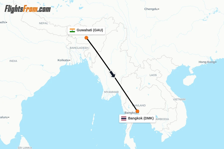 Flights from Guwahati to Bangkok route map
