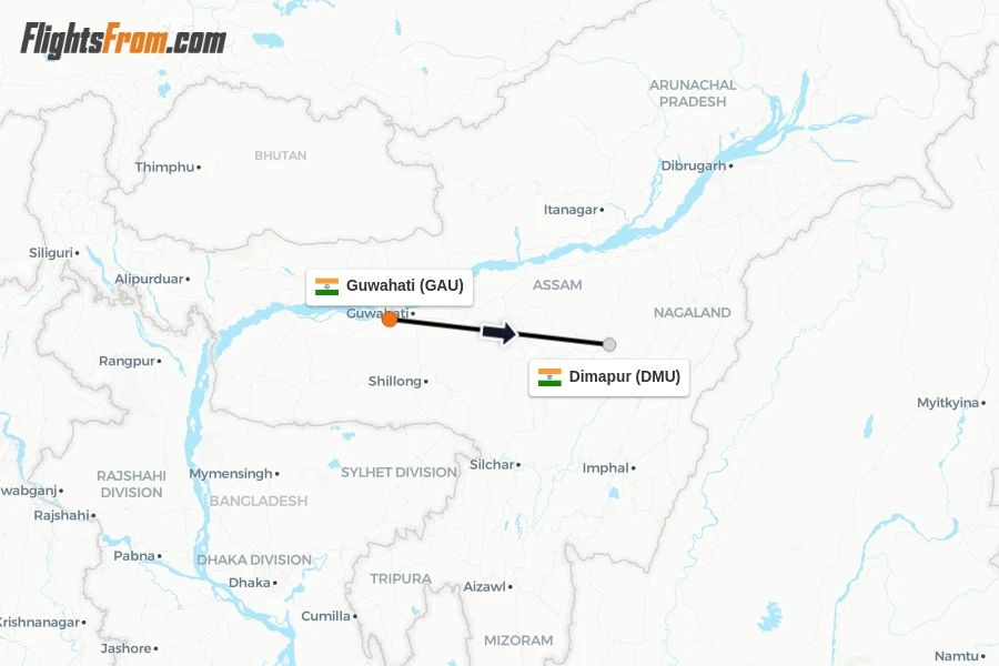 Flights from Guwahati to Dimapur route map