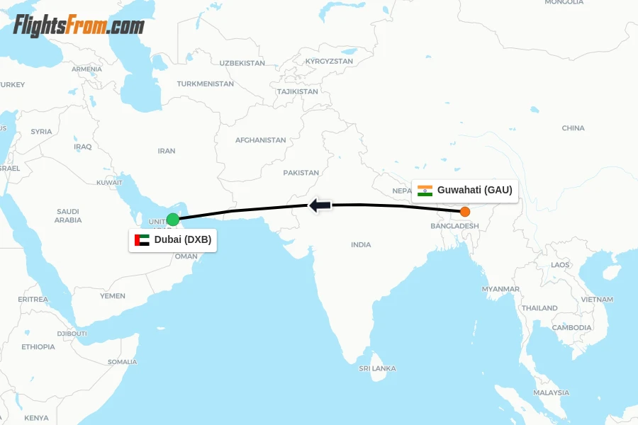 Flights from Guwahati to Dubai route map