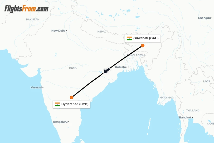 Flights from Guwahati to Hyderabad route map