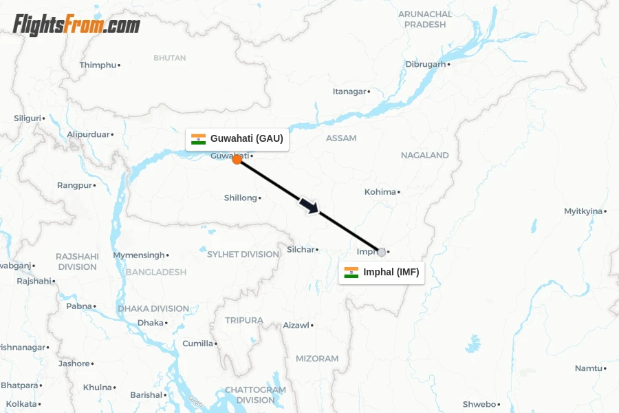 Flights from Guwahati to Imphal route map