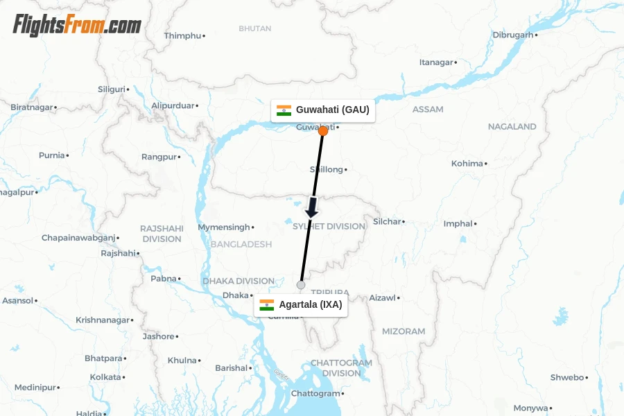 Flights from Guwahati to Agartala route map