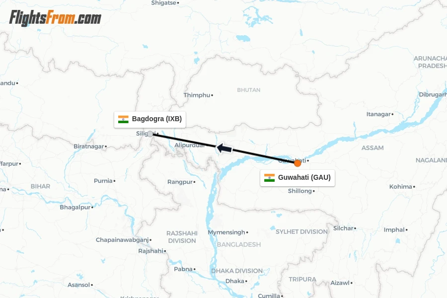 Flights from Guwahati to Bagdogra route map
