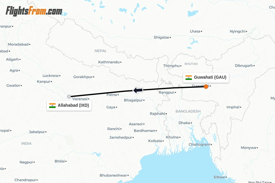 Flights from Guwahati to Allahabad route map