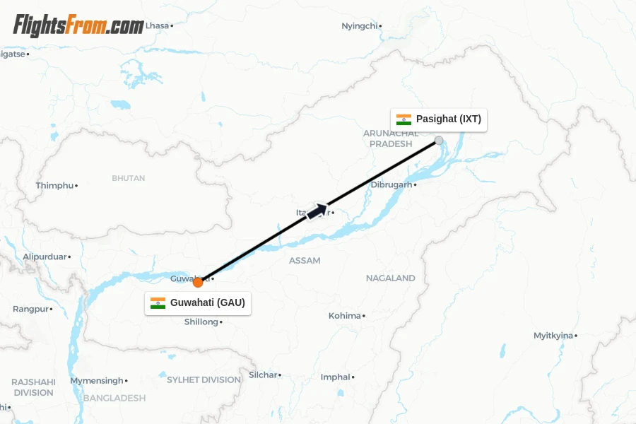 Flights from Guwahati to Pasighat route map
