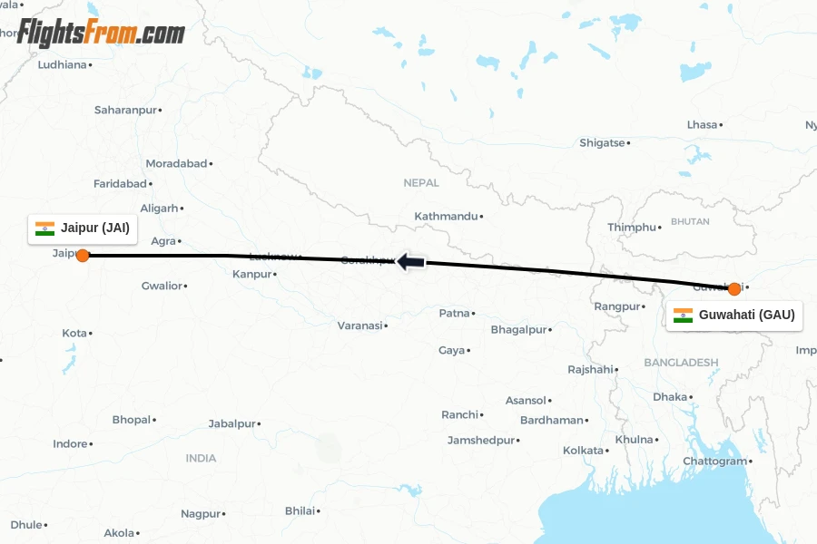 Flights from Guwahati to Jaipur route map