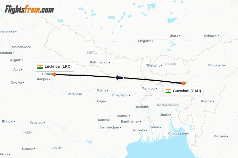 Flights from Guwahati to Lucknow route map