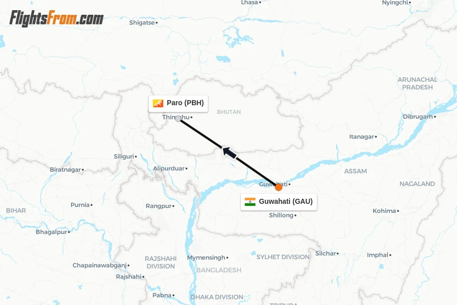 Flights from Guwahati to Paro route map