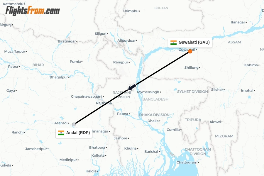 Flights from Guwahati to Andal route map