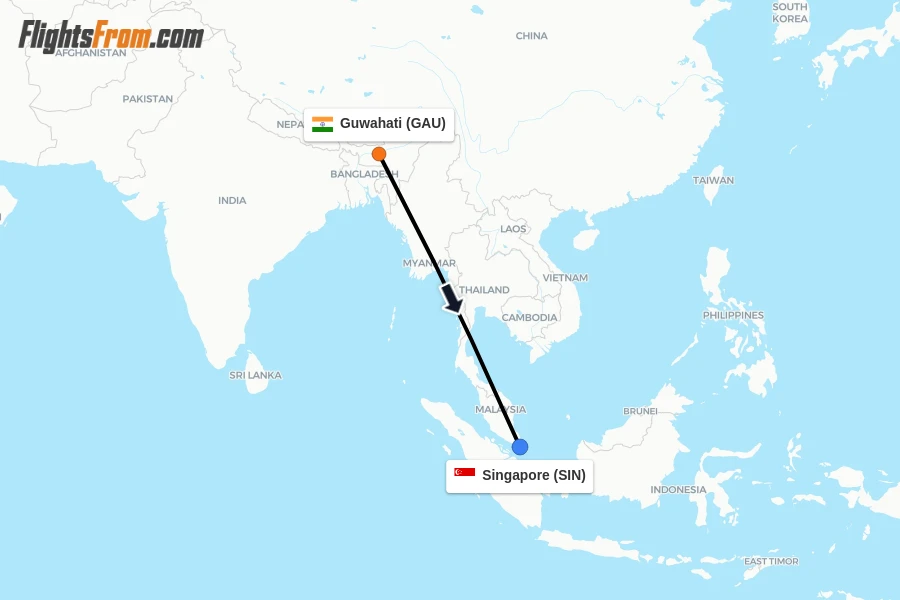 Flights from Guwahati to Singapore route map