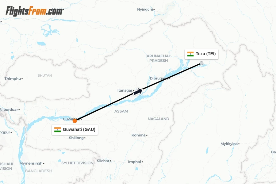 Flights from Guwahati to Tezu route map