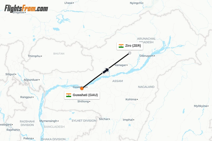 Flights from Guwahati to Ziro route map