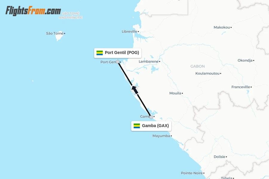 Flights from Gamba to Port Gentil route map