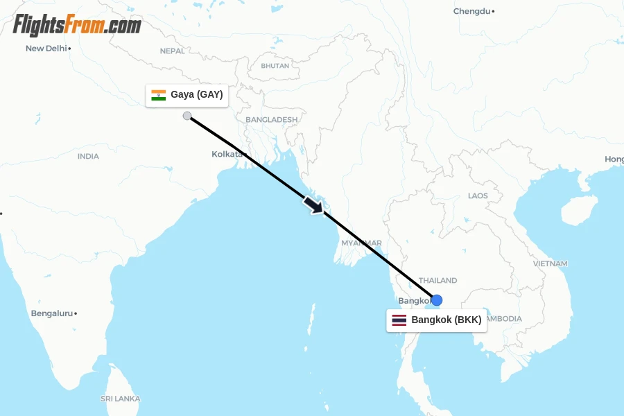 Flights from Gaya to Bangkok route map