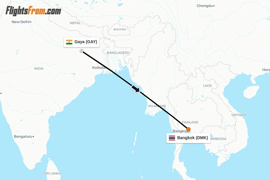 Flights from Gaya to Bangkok route map