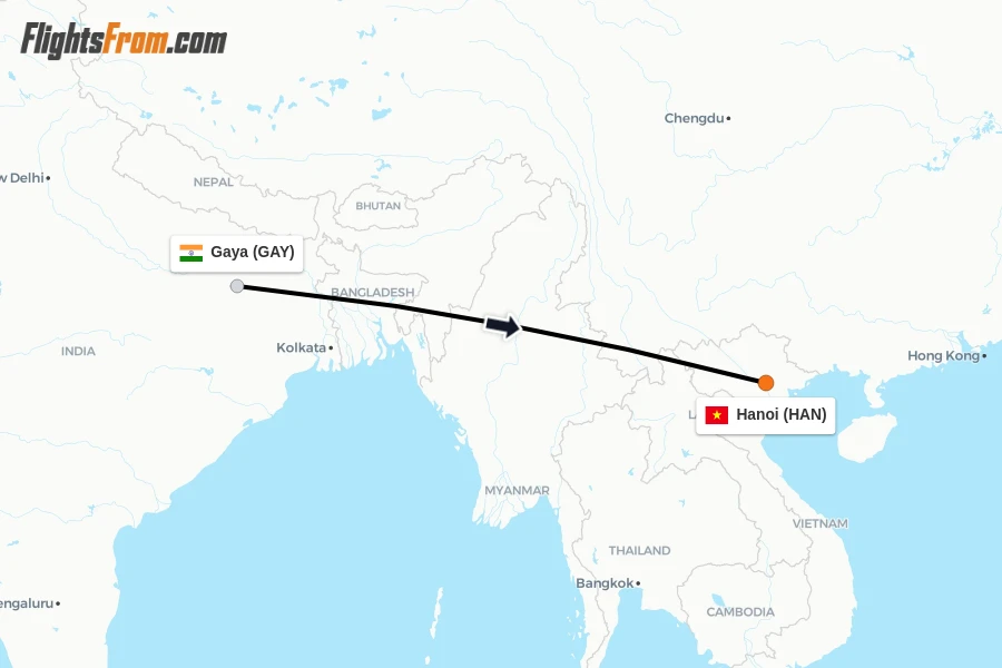 Flights from Gaya to Hanoi route map