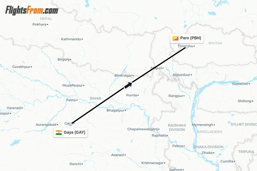 Flights from Gaya to Paro route map