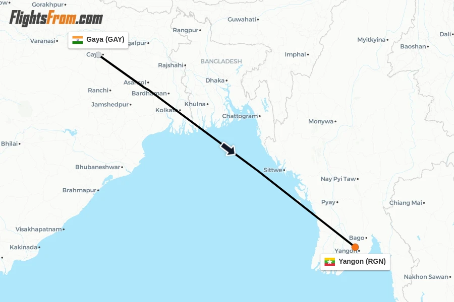 Flights from Gaya to Yangon route map