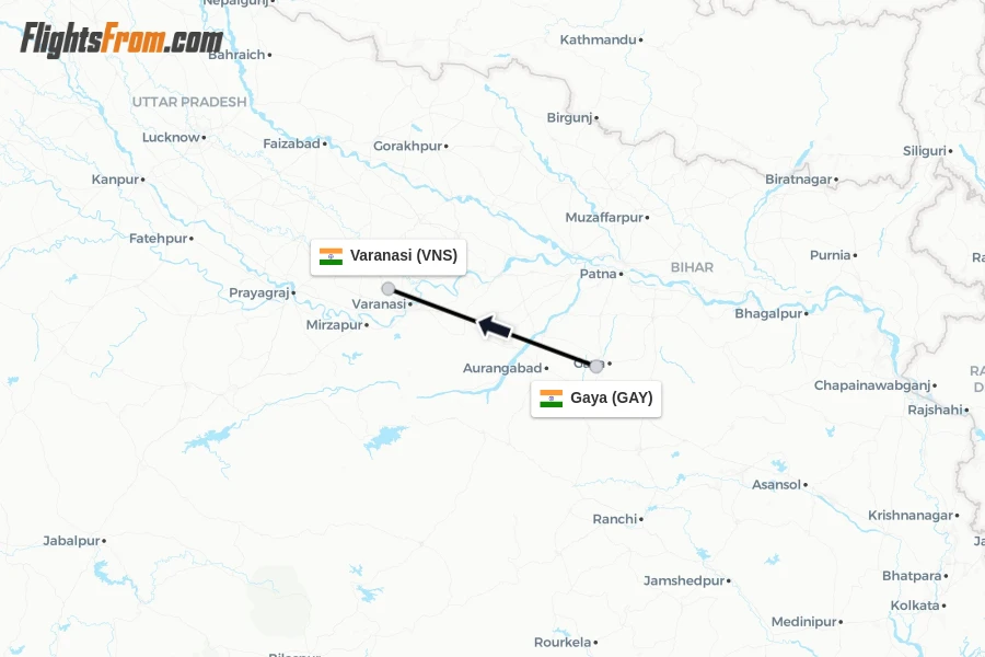 Flights from Gaya to Varanasi route map