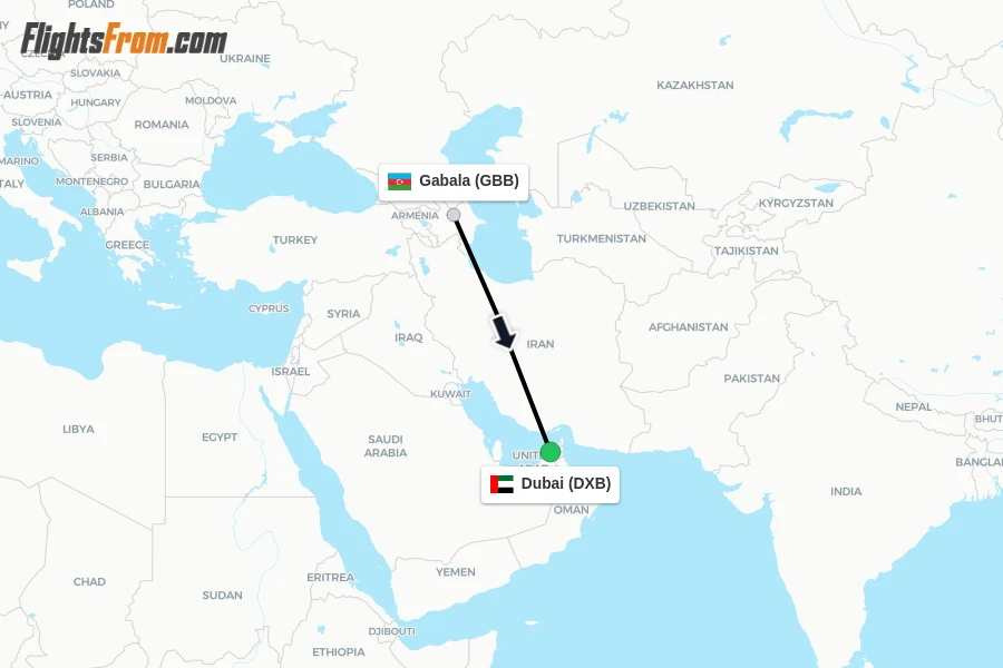 Flights from Gabala to Dubai route map