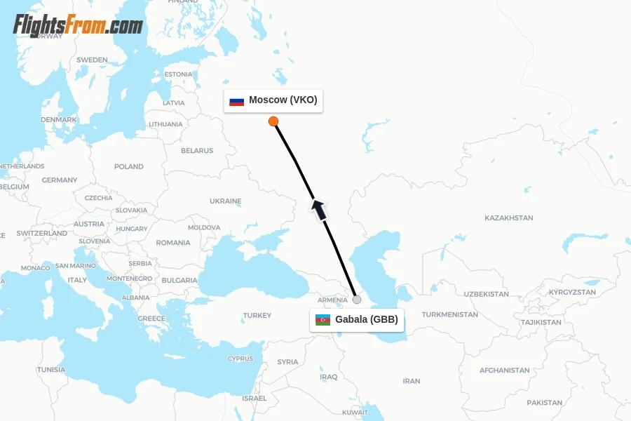 Flights from Gabala to Moscow route map