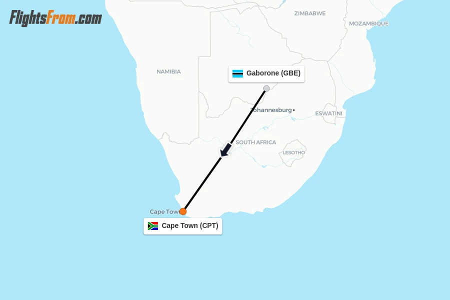 Flights from Gaborone to Cape Town route map
