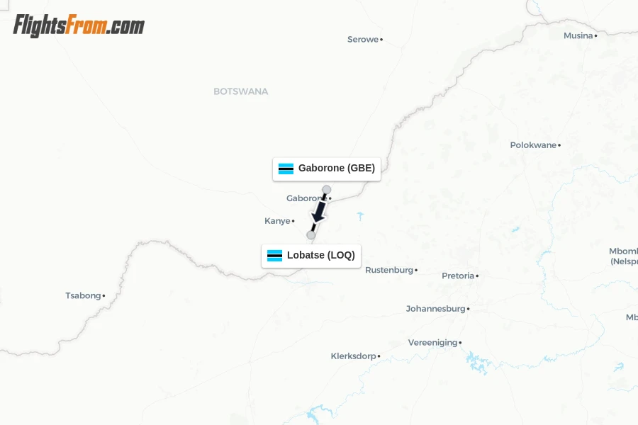 Flights from Gaborone to Lobatse route map