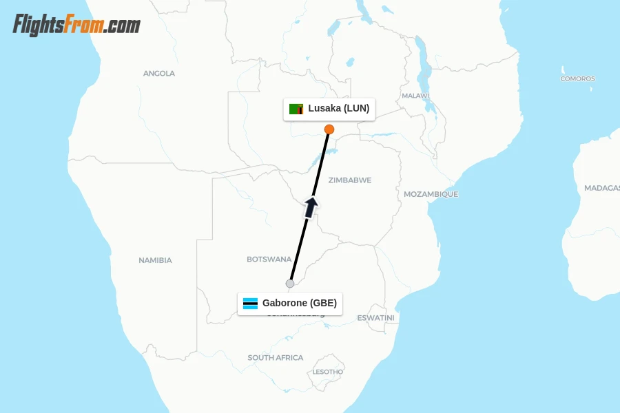 Flights from Gaborone to Lusaka route map