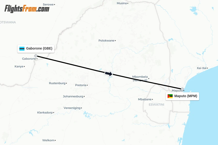Flights from Gaborone to Maputo route map
