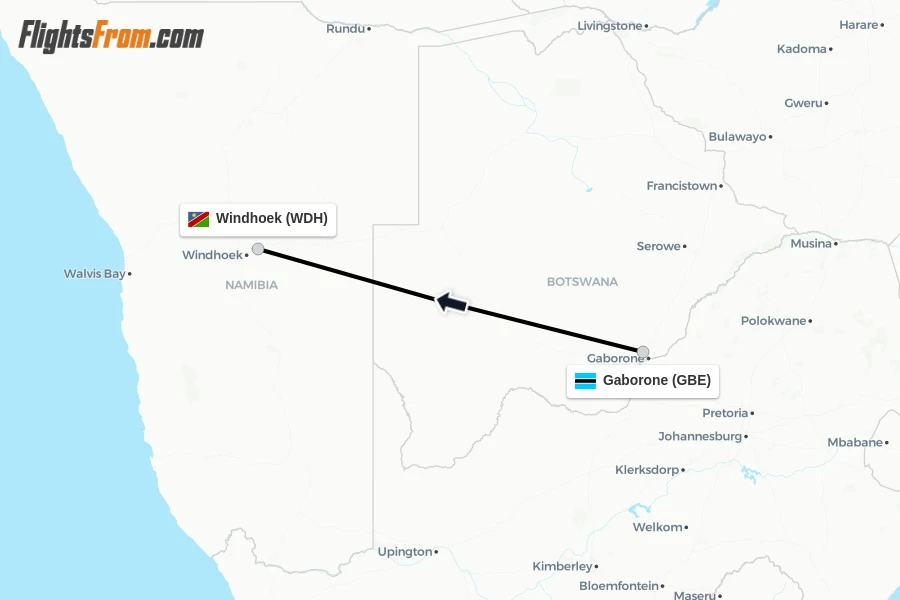 Flights from Gaborone to Windhoek route map