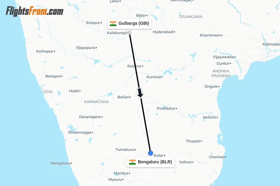 Flights from Gulbarga to Bengaluru route map