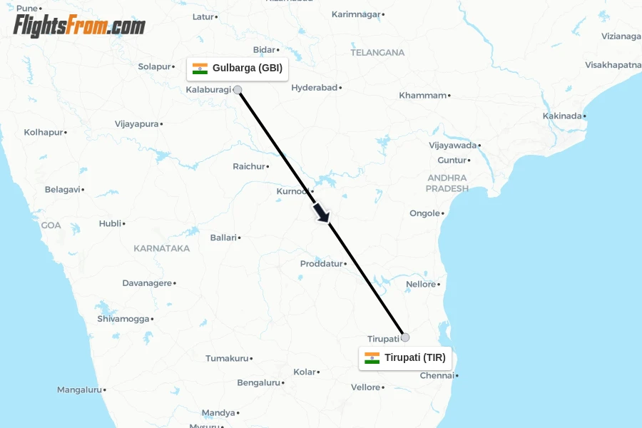 Flights from Gulbarga to Tirupati route map