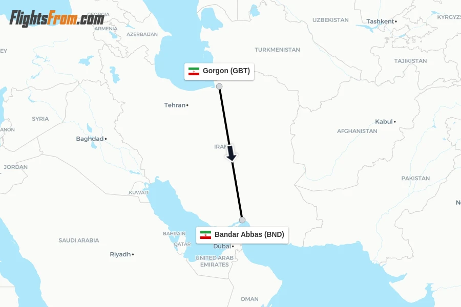 Flights from Gorgon to Bandar Abbas route map