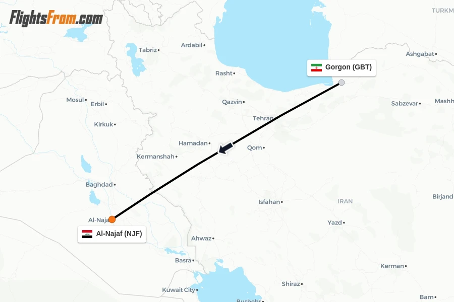 Flights from Gorgon to Al-Najaf route map