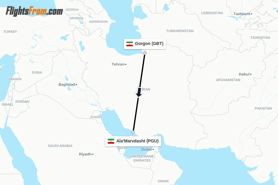 Flights from Gorgon to Ala'Marvdasht route map