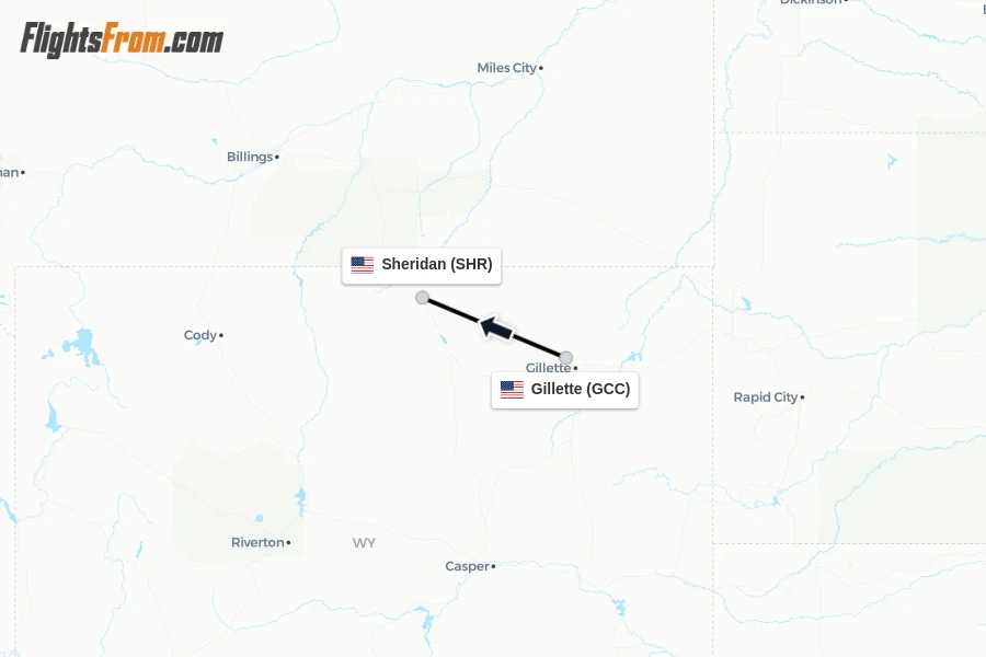 Flights from Gillette to Sheridan route map