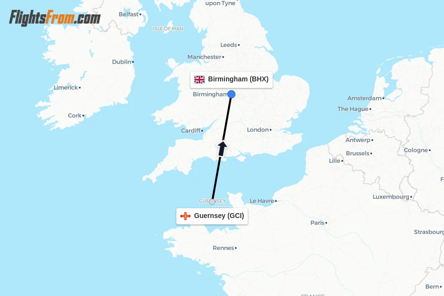 Flights from Guernsey to Birmingham route map
