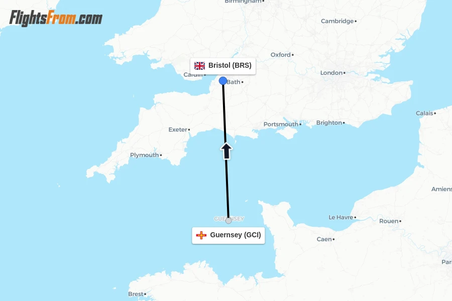Flights from Guernsey to Bristol route map