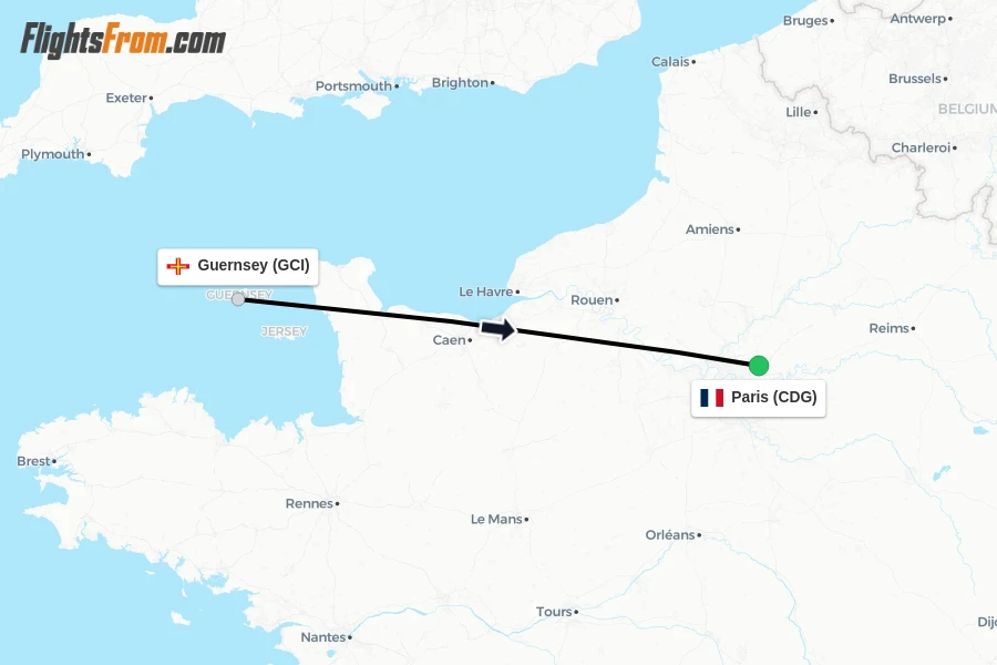 Flights from Guernsey to Paris route map