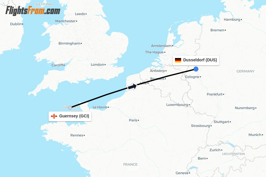 Flights from Guernsey to Dusseldorf route map