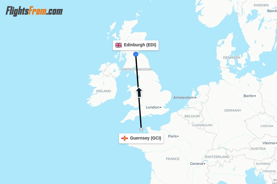 Flights from Guernsey to Edinburgh route map