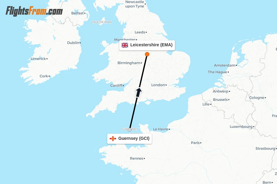 Flights from Guernsey to Leicestershire route map
