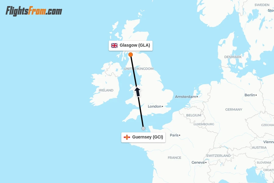 Flights from Guernsey to Glasgow route map