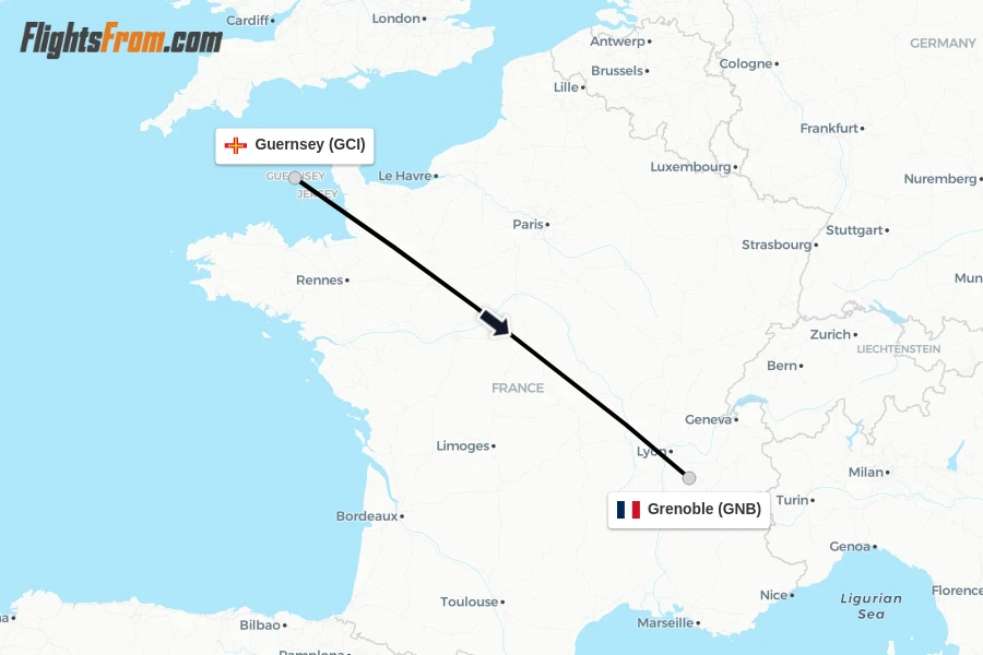 Flights from Guernsey to Grenoble route map