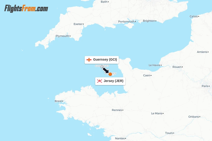 Flights from Guernsey to Jersey route map