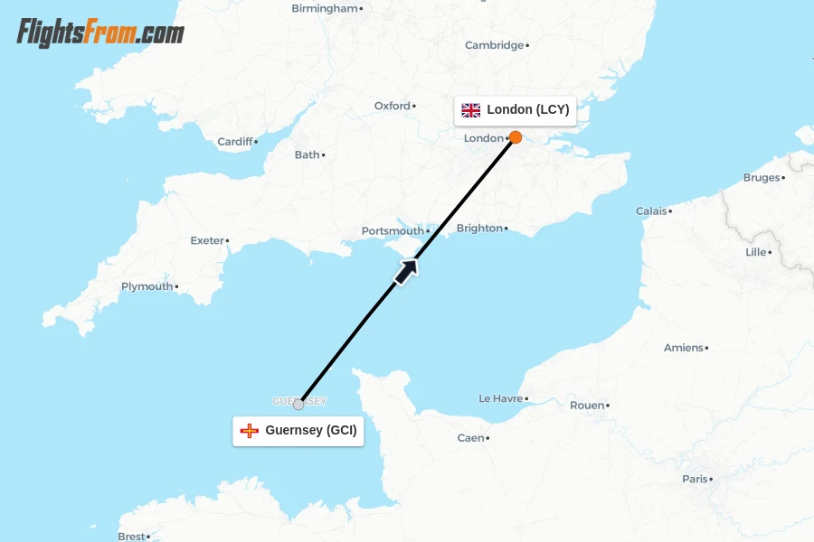 Flights from Guernsey to London route map