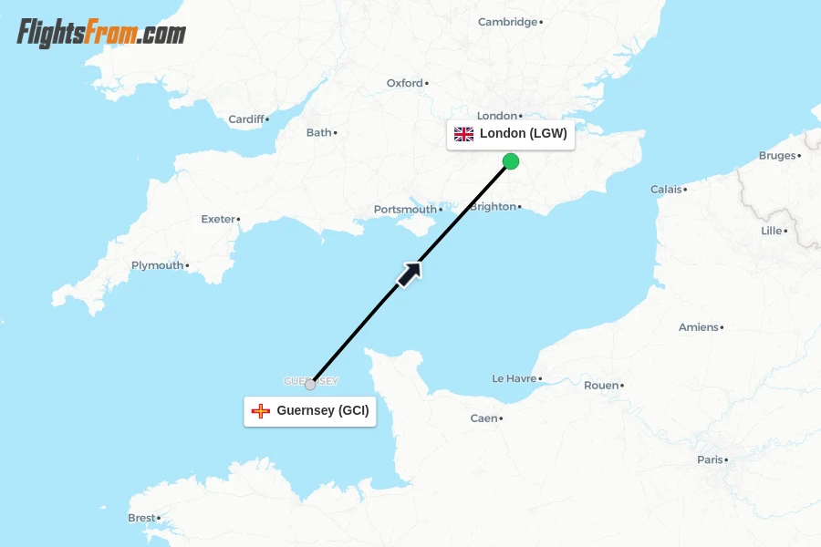 Flights from Guernsey to London route map