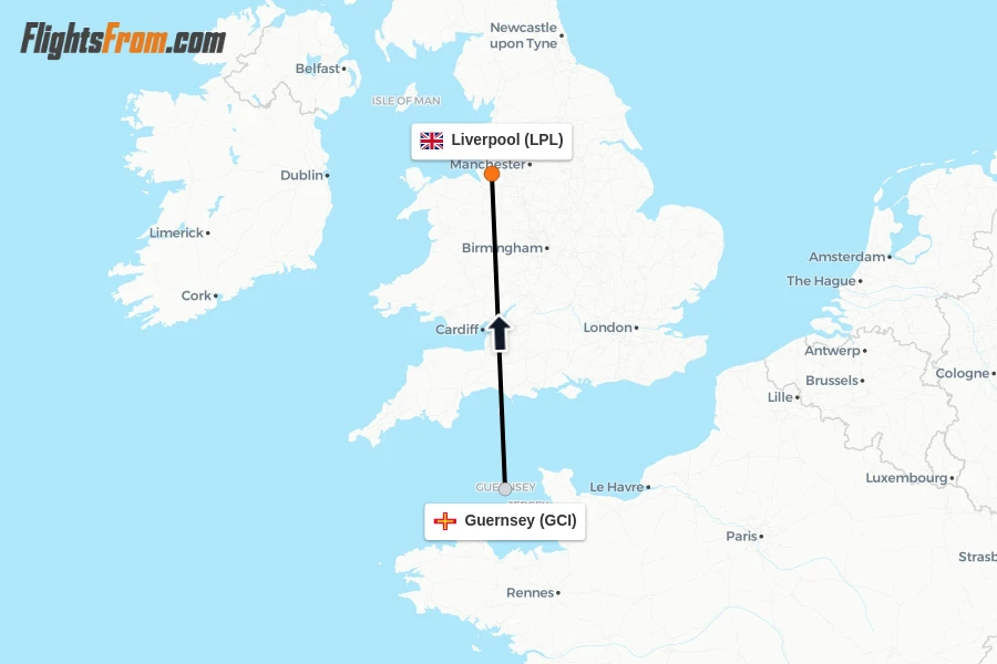Flights from Guernsey to Liverpool route map
